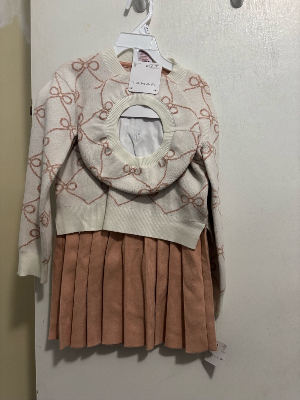 Tahari Cream & Blush Bow Knit Sweater Dress Set